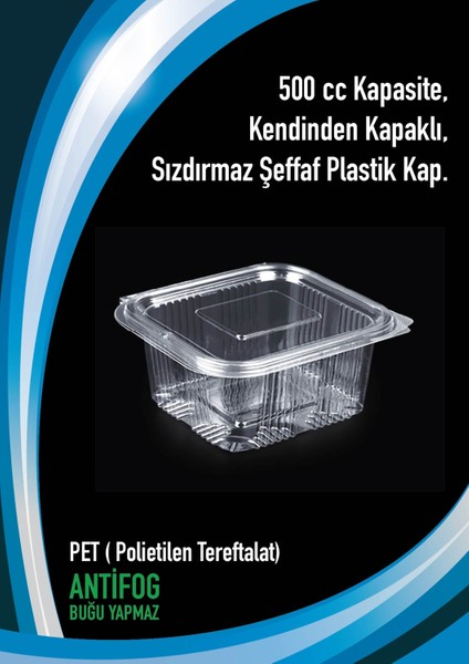 500 cc - 500 gr Sızdırmaz Kap Kendinden Kapaklı 100 Adet PET ( Polietilen Tereftalat)