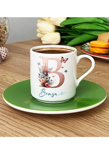 Yeşil Kelebekli ve Çiçekli Kişiye Özel B Harfli Türk Kahvesi Fincanı