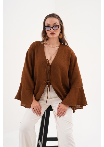 Kadın Kahverengi Çift Bağlamalı Keten Kimono