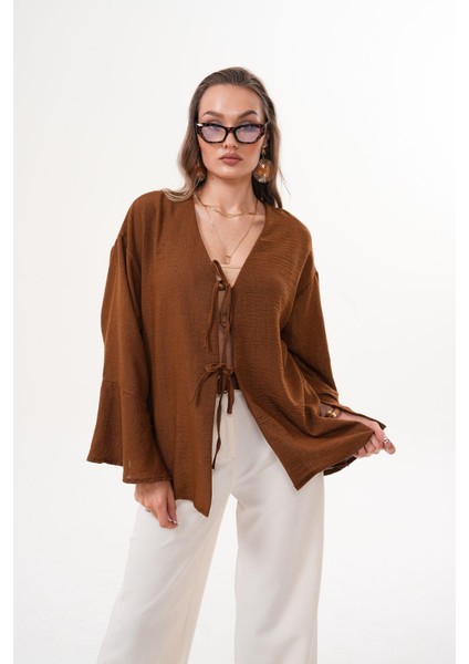 Kadın Kahverengi Çift Bağlamalı Keten Kimono fiyatları