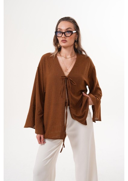 Kadın Kahverengi Çift Bağlamalı Keten Kimono modelleri