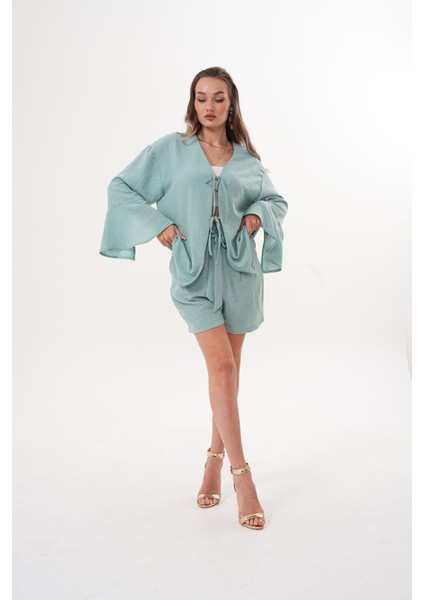 Kadın Kahverengi Kimono Takım – Bağlamalı, Rahat Kesim, Şortlu Yazlık Kombin modelleri