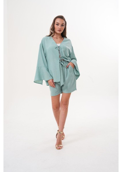 Kadın Kahverengi Kimono Takım – Bağlamalı, Rahat Kesim, Şortlu Yazlık Kombin fırsatları