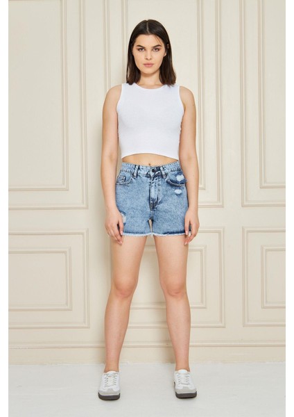Kadın Buz Mavi Cepli Yüksek Bel Denim Şort