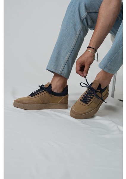 Darian Model Hakiki Deri El Yapımı Kahverengi Erkek Triko Sneaker Ayakkabı