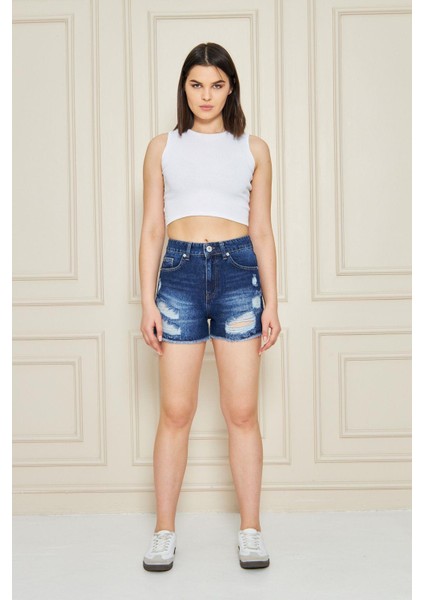 Kadın Buz Mavi Cepli Yüksek Bel Denim Şort