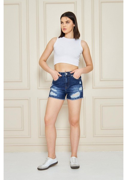 Kadın Buz Mavi Cepli Yüksek Bel Denim Şort fiyatları