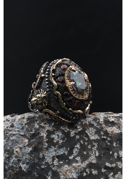 925 Ayar Gümüş Erkek Yüzük Özel Tasarım Sıkma Kehribar ve Mistik Topaz Taşlı Aslan Figürlü 902033