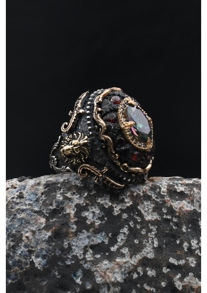 925 Ayar Gümüş Erkek Yüzük Özel Tasarım Sıkma Kehribar ve Mistik Topaz Taşlı Aslan Figürlü 902033 modelleri