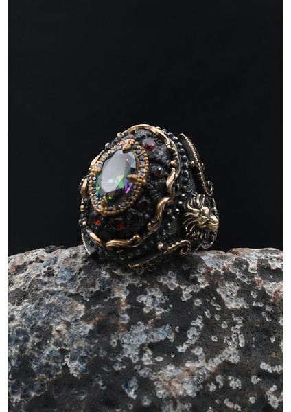 925 Ayar Gümüş Erkek Yüzük Özel Tasarım Sıkma Kehribar ve Mistik Topaz Taşlı Aslan Figürlü 902033 indirimleri