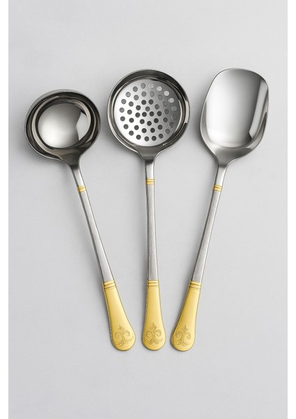 Gri Renkli 3'lü Çelik Mutfak Seti, Kepçe, Kevgir ve Kaşık, Gold Saplı, Şık ve Kullanışlı