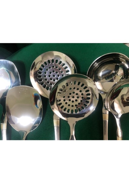 Gri Renkli 3'lü Çelik Mutfak Seti, Kepçe, Kevgir ve Kaşık, Gold Saplı, Şık ve Kullanışlı modelleri