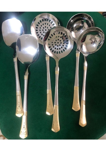 Gri Renkli 3'lü Çelik Mutfak Seti, Kepçe, Kevgir ve Kaşık, Gold Saplı, Şık ve Kullanışlı indirimleri