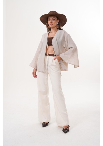 Kadın Kahverengi Çift Bağlamalı Keten Kimono fiyatları