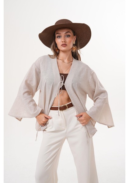 Kadın Kahverengi Çift Bağlamalı Keten Kimono modelleri