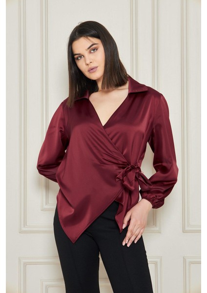 Kadın Kırmızı Kruvaze Yandan Bağlamalı Saten Bluz Gömlek fiyatları