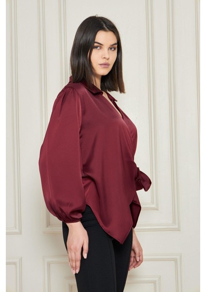Kadın Kırmızı Kruvaze Yandan Bağlamalı Saten Bluz Gömlek modelleri