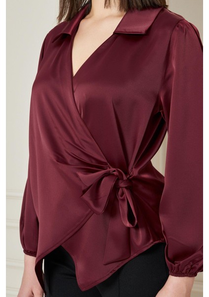 Kadın Kırmızı Kruvaze Yandan Bağlamalı Saten Bluz Gömlek fırsatları