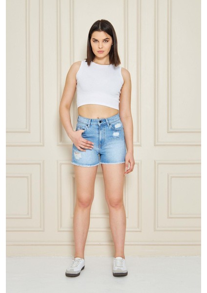 Kadın Buz Mavi Cepli Yüksek Bel Denim Şort