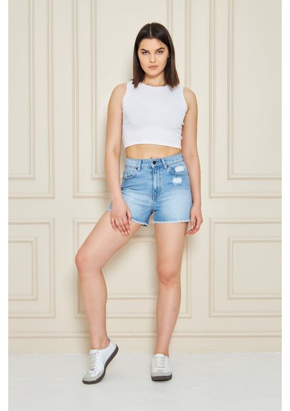 Kadın Buz Mavi Cepli Yüksek Bel Denim Şort fiyatları