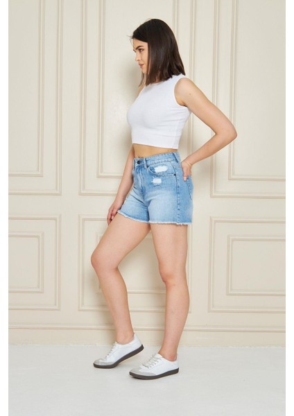 Kadın Buz Mavi Cepli Yüksek Bel Denim Şort modelleri
