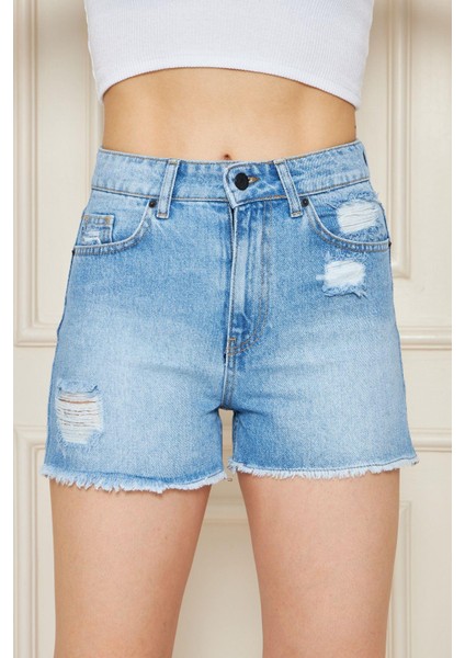 Kadın Buz Mavi Cepli Yüksek Bel Denim Şort indirimleri