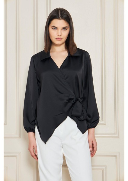 Kadın Kırmızı Kruvaze Yandan Bağlamalı Saten Bluz Gömlek