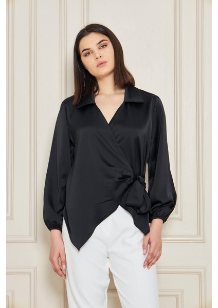 Kadın Kırmızı Kruvaze Yandan Bağlamalı Saten Bluz Gömlek fiyatları