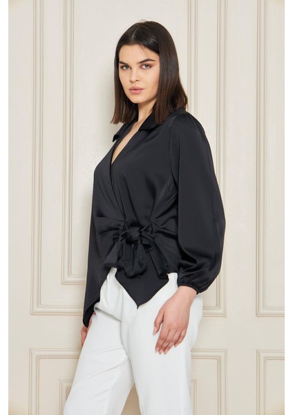 Kadın Kırmızı Kruvaze Yandan Bağlamalı Saten Bluz Gömlek modelleri