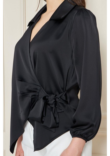 Kadın Kırmızı Kruvaze Yandan Bağlamalı Saten Bluz Gömlek fırsatları