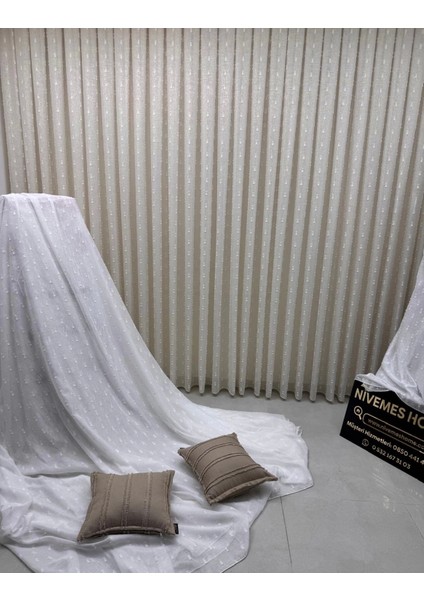 Nivemeshome Florida Keten Görünümlü Şampanya Renkli Bohem Tarz Ponpon 1/3 Sık Pileli Tül Perde Apm