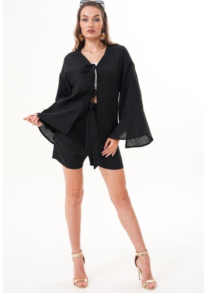 Kadın Kahverengi Kimono Takım – Bağlamalı, Rahat Kesim, Şortlu Yazlık Kombin