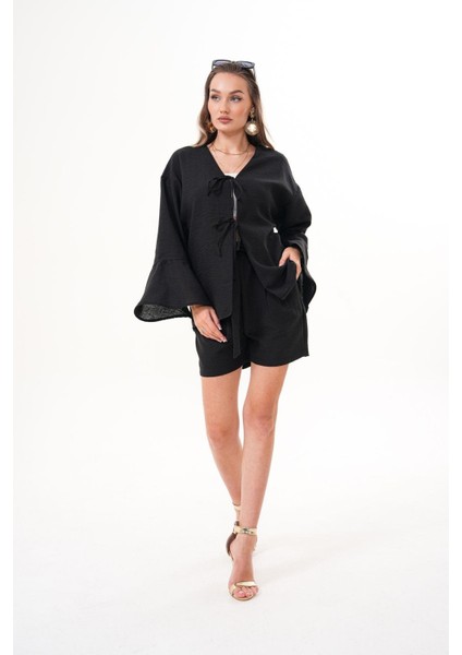 Kadın Kahverengi Kimono Takım – Bağlamalı, Rahat Kesim, Şortlu Yazlık Kombin fiyatları