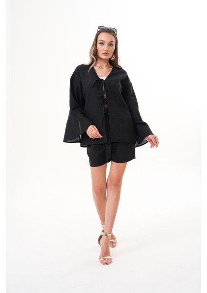 Kadın Kahverengi Kimono Takım – Bağlamalı, Rahat Kesim, Şortlu Yazlık Kombin modelleri