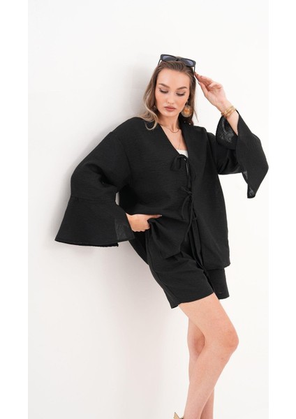 Kadın Kahverengi Kimono Takım – Bağlamalı, Rahat Kesim, Şortlu Yazlık Kombin fırsatları