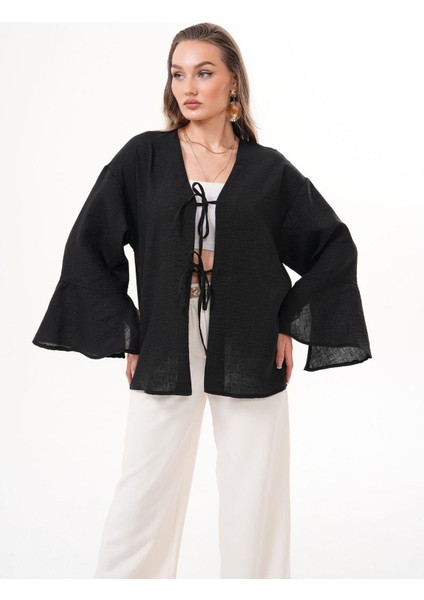 Kadın Kahverengi Çift Bağlamalı Keten Kimono