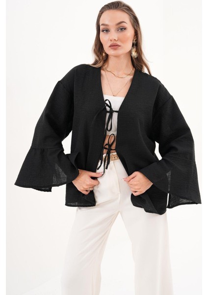 Kadın Kahverengi Çift Bağlamalı Keten Kimono fiyatları