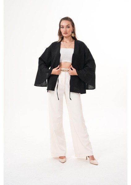 Kadın Kahverengi Çift Bağlamalı Keten Kimono modelleri