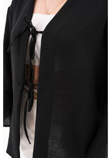 Kadın Kahverengi Çift Bağlamalı Keten Kimono fırsatları