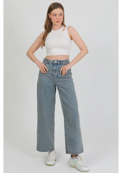 Kadın Mavi Midi Boy Bol Paça Kot Pantolon