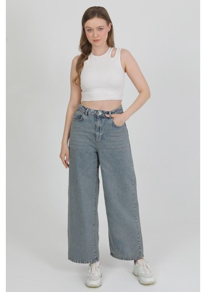 Kadın Mavi Midi Boy Bol Paça Kot Pantolon modelleri