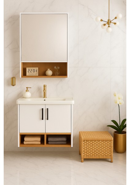 Legna 65 cm Banyo Dolabı Takımı – Beyaz & Ahşap – Mdf – Seramik Lavabolu – Alt ve Üst Dolap