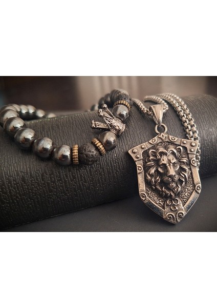 Ikili Ürün Fırsatı Hematit Taşlı Kral Kolye ve Aslan Kolye