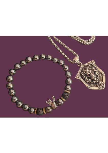 Ikili Ürün Fırsatı Hematit Taşlı Kral Kolye ve Aslan Kolye modelleri