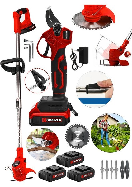 Powerforge 2'li Set 3 Batarya-Şarjlı Ağaç Dal Budama Makası-Ot Çim Çayır Kesme Biçme Tırpan-Kırmızı fiyatları