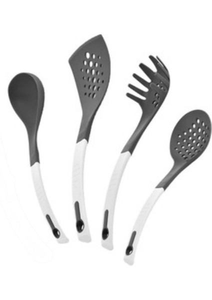 Renkli 4'lü Plastik Kepçe, Spatula, Spagetti Kaşığı ve Kevgir Seti