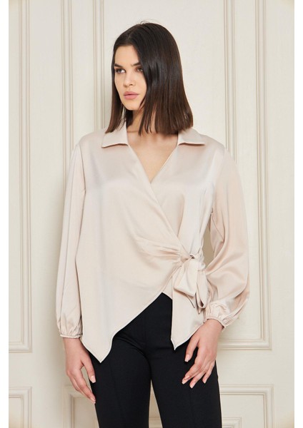 Kadın Kırmızı Kruvaze Yandan Bağlamalı Saten Bluz Gömlek fiyatları