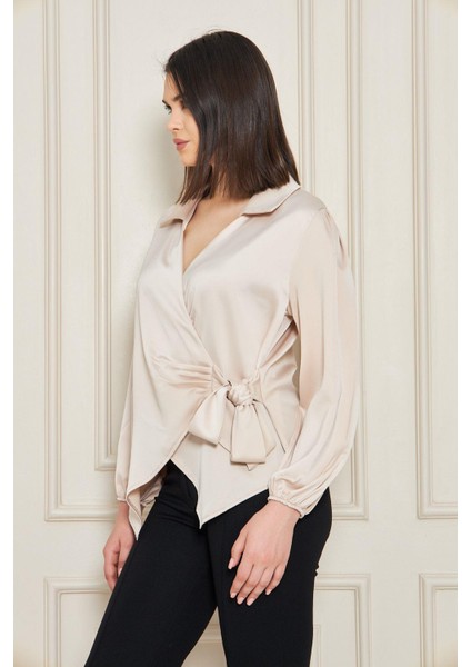 Kadın Kırmızı Kruvaze Yandan Bağlamalı Saten Bluz Gömlek modelleri