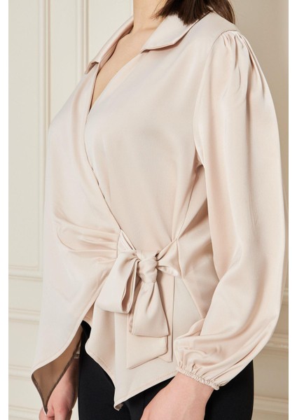 Kadın Kırmızı Kruvaze Yandan Bağlamalı Saten Bluz Gömlek fırsatları