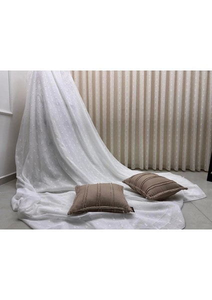 Nivemeshome Florida Keten Görünümlü Şampanya Renkli Bohem Tarz Ponpon 1/3 Sık Pileli Tül Perde Apm fırsatları